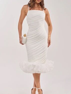 *NEW* White Ruched Midi Dress with Ruffle Hem